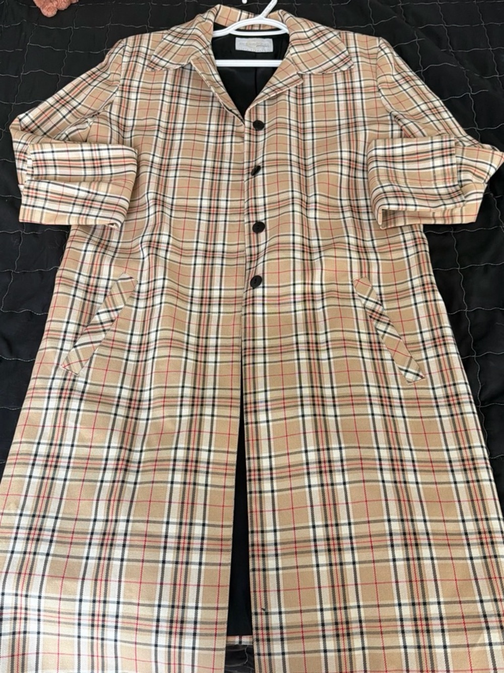 Beige Plaid Trench Coat with Classic Button Closure